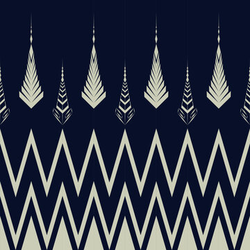 Abstract seamless tribal geometric pattern with zigzag lines and arrow motifs in dark blue and beige. Perfect for textile, wallpaper, wrapping paper, and digital design.