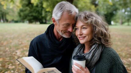 Mature couple spending quality time in the park, man reading from an old book, woman smiling with coffee cup, warm relationship, healthy and joyful senior life. mature couple, qual