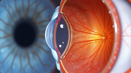 Microscopic image of aqueous humor in an eye with glaucoma. Focus on the aqueous humor-filled anterior chamber. 