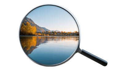 Scenic landscape viewed through a magnifying glass