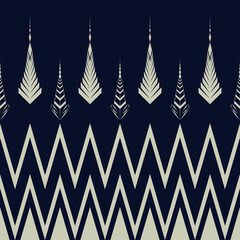 Abstract seamless tribal geometric pattern with zigzag lines and arrow motifs in dark blue and beige. Perfect for textile, wallpaper, wrapping paper, and digital design.