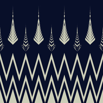Abstract seamless tribal geometric pattern with zigzag lines and arrow motifs in dark blue and beige. Perfect for textile, wallpaper, wrapping paper, and digital design.
