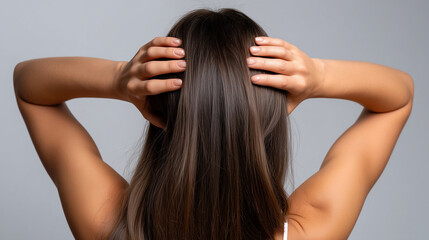 Naklejka premium Back view of female with long straight hair massaging scalp, wellness and self-care concept, minimalistic photography, beauty routine and healthy lifestyle. female scalp massage, h