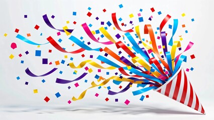 Obraz premium Colorful Party Popper with Flying Confetti and Streamers Creating Fun Celebration Background for Birthday or Event
