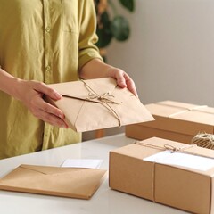 A woman with long, flowing hair stands outdoors, gently holding a rustic envelope tied with twine, her expression curious and contemplative.