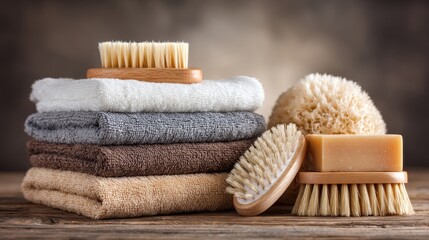Textures and Essentials for a Relaxing Spa Experience with Towels, Brushes, and Natural Sponges on Wooden Background