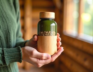 A woman with long brown hair smiles as she holds up an empty glass jar of organic food, showcasing its label while standing in a bright kitchen.