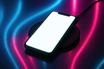 Smartphone charging on wireless pad with vibrant neon lights in a modern setting