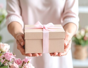 A cheerful woman with long brown hair smiles as she holds up a beautifully wrapped box adorned with vibrant pink flowers, showcasing her excitement.