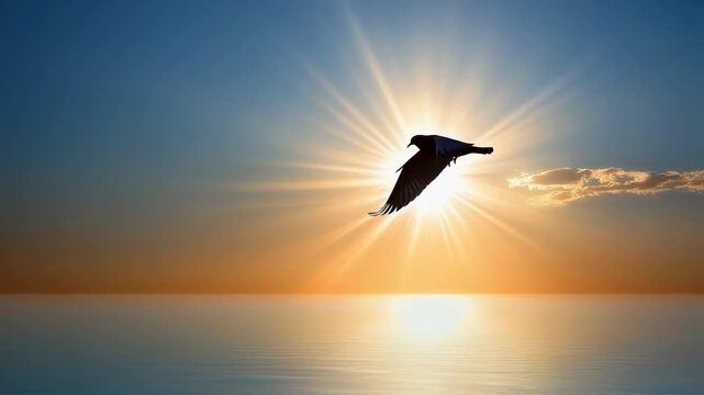 A soaring silhouette of a bird against a radiant sunset over a tranquil ocean.