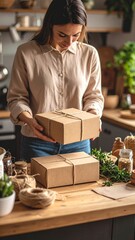A woman stands in a bright, modern kitchen, surrounded by colorful boxes of food, organizing groceries on the counter with a cheerful smile.