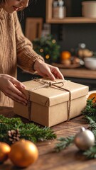 A cheerful woman carefully wraps a colorful Christmas present, surrounded by festive decorations, ribbons, and a cozy holiday atmosphere.
