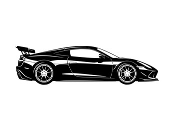 Vector art of sleek black sports car with aerodynamic design and large rear wing