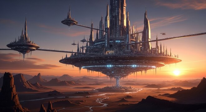 Futuristic Floating Cityscape at Sunset with Tall Spires and Illuminated Structures