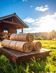 A rustic wooden box sits on a soft surface, elegantly displaying neatly rolled up towels in various colors, adding a cozy touch to the setting.