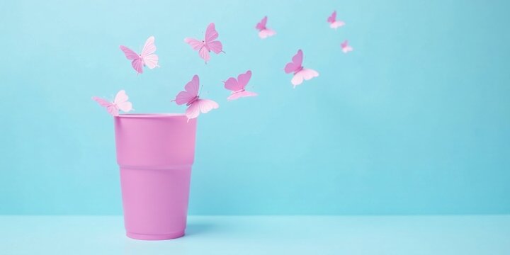Pink butterflies flutter near a pastel pink cup on a light blue background, a delightful springtime scene.