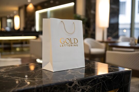White paper bag with gold lettering on a marble table