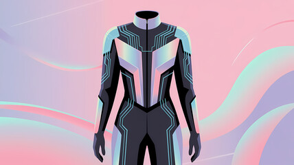 Flat Art Illustration of a Futuristic Jumpsuit with Iridescent Panels and Glowing Circuitry