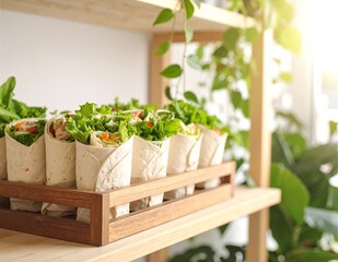 A rustic wooden shelf displays an array of colorful burlap sacks filled with various grains, legumes, and spices, adding warmth to the kitchen.