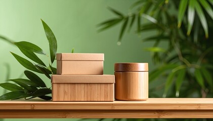 A rustic wooden shelf adorned with various decorative boxes in earthy tones, complemented by vibrant green potted plants, creating a cozy, inviting atmosphere.