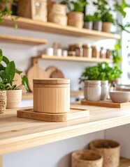 A rustic wooden shelf adorned with an array of vibrant potted plants, showcasing various sizes and textures, creating a lively, natural ambiance.