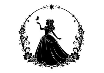 Vector art of elegant silhouette of princess holding bird in ornate floral frame