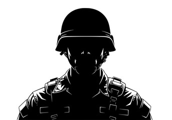 Vector art of silhouette of soldier in helmet with dark background emphasizing military and strength
