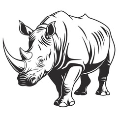 Fototapeta premium Black and white illustration of a rhinoceros with a large horn, showing detailed skin texture.