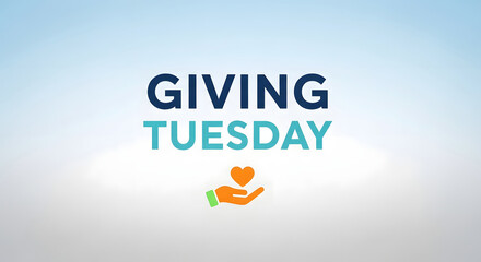 Giving tuesday message with a hand holding a heart symbol against a soft blue sky background