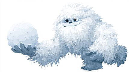 A friendly, cartoon yeti holds a large snowball, poised for playful action; fluffy white fur, gentle expression, walking stance