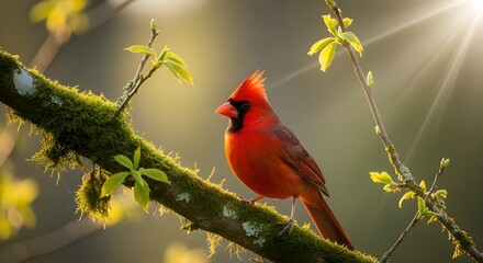 Stunning male cardinal perches on mossy branch bathed in warm morning sunlight, showcasing vibrant red plumage and delicate new leaves.