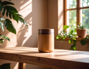 A rustic wooden table featuring a simple, empty ceramic cup resting on its surface, surrounded by soft natural light filtering through nearby windows.