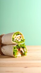 A delicious wrap filled with tender slices of seasoned meat, topped with fresh lettuce, all neatly rolled in a soft tortilla, ready to enjoy.