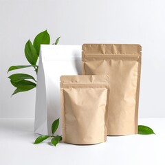 Three artisanal coffee bags, each with unique designs, are arranged beside a vibrant green potted plant, creating a cozy and inviting atmosphere.