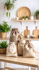 Three colorful bags of fresh produce are neatly arranged on a rustic wooden table, showcasing vibrant fruits and vegetables like apples, carrots, and greens.