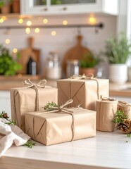 Three beautifully wrapped presents in festive paper sit on a wooden counter, adorned with colorful ribbons, while twinkling Christmas lights glow softly in the background.