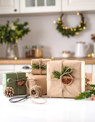 A cozy scene featuring three beautifully wrapped presents in festive paper, adorned with colorful ribbons, resting on a wooden table, with twinkling Christmas lights softly glowing in the background.