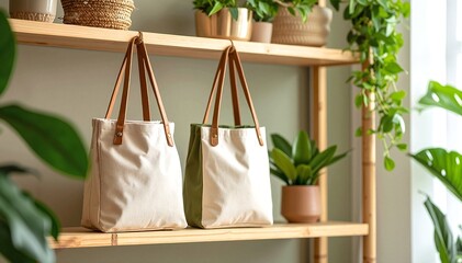 Two elegant white bags, crafted from soft fabric, rest side by side on a sleek wooden shelf, showcasing their minimalist design and stylish appeal.