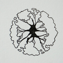 Topographic designation of a bush or tree. Pencil spreading crown in black ink, minimalistic patterns. Top view, icon