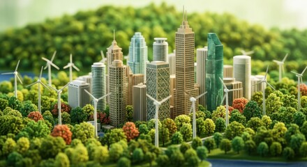 Obraz premium Miniature Cityscape with Tall Skyscrapers and Wind Turbines Surrounded by Green Forest