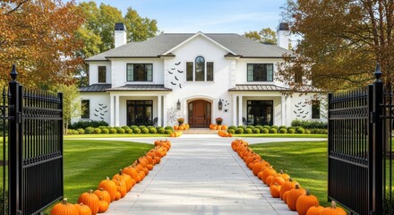 Halloween decorated house with pumpkin display on transparent background