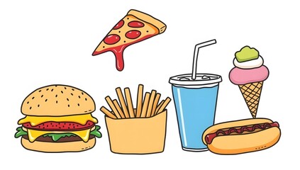 A collection of hand drawn doodle vector illustrations of fast food items including burger, pizza, fries, hotdog, soda cup, and ice cream