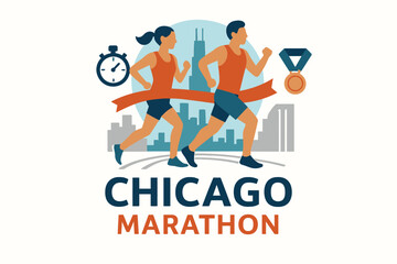 Chicago Marathon Minimal Flat Illustration with Running and Fitness Symbols