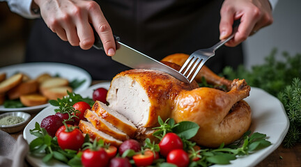 Close-up of hands carving golden roasted turkey with knife and fork, traditional Thanksgiving holiday meal.