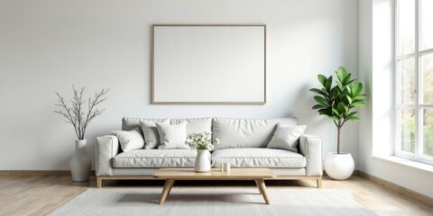 Serene Minimalist Living Room Design Featuring a Light Beige Sofa, Wooden Coffee Table, and Large Blank Canvas