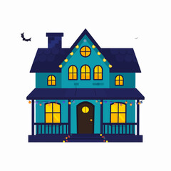 Illustration of a spooky haunted house decorated with Halloween lights.