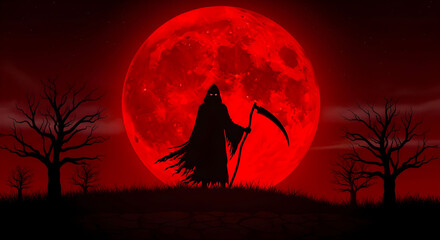 Fototapeta premium Grim Reaper Silhouette Against a Blood Red Moon