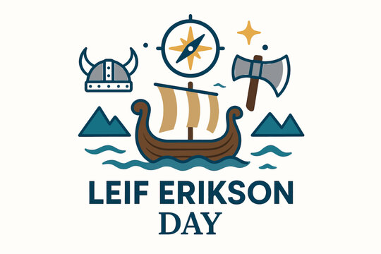 Leif Erikson Day Minimal Flat Illustration with Exploration Symbols