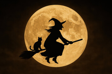 Witch silhouette flying on broomstick with cat in front of full moon at night