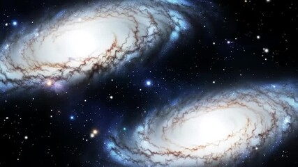 Cinematic Galaxy Collision Two Spiral Galaxies Merging with Blue and White Hues Against a Starry Background Depicting Cosmic Phenomena and Interstellar Space Exploration Studies Wide Angle Shot